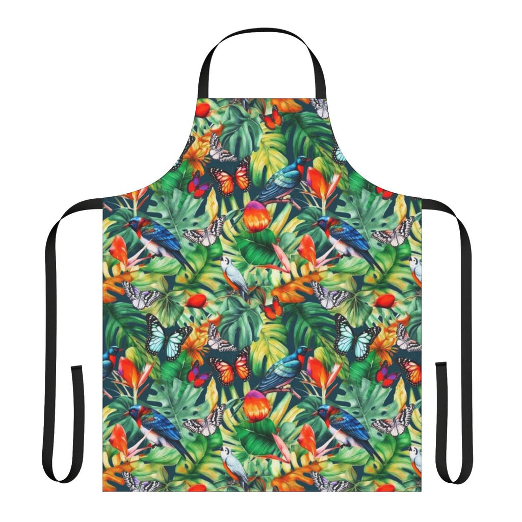 Watercolor jungle-themed apron with tropical birds, flowers, and monstera leaves