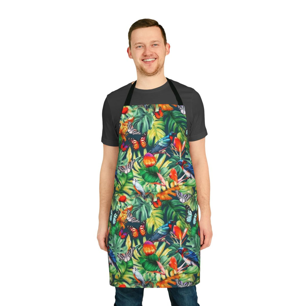 Watercolor jungle-themed apron with tropical birds, flowers, and monstera leaves
