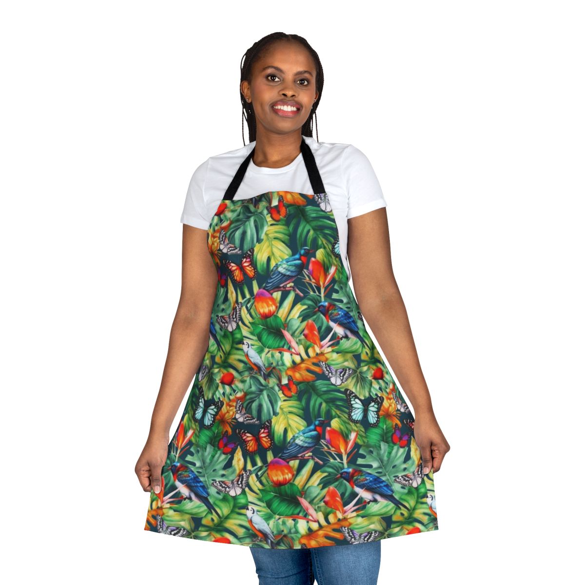 Watercolor jungle-themed apron with tropical birds, flowers, and monstera leaves