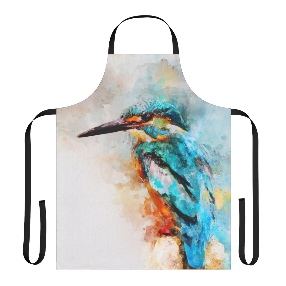 Colorful watercolor illustration of a kingfisher bird on a cotton apron