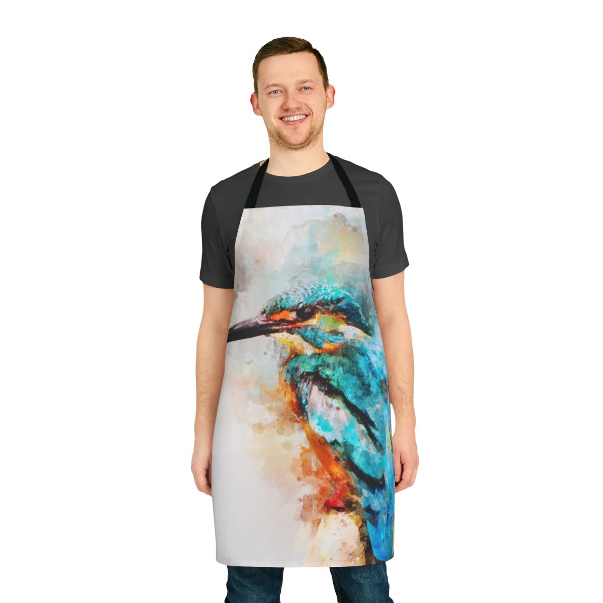 Colorful watercolor illustration of a kingfisher bird on a cotton apron