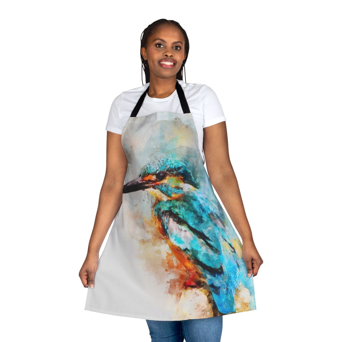 Colorful watercolor illustration of a kingfisher bird on a cotton apron