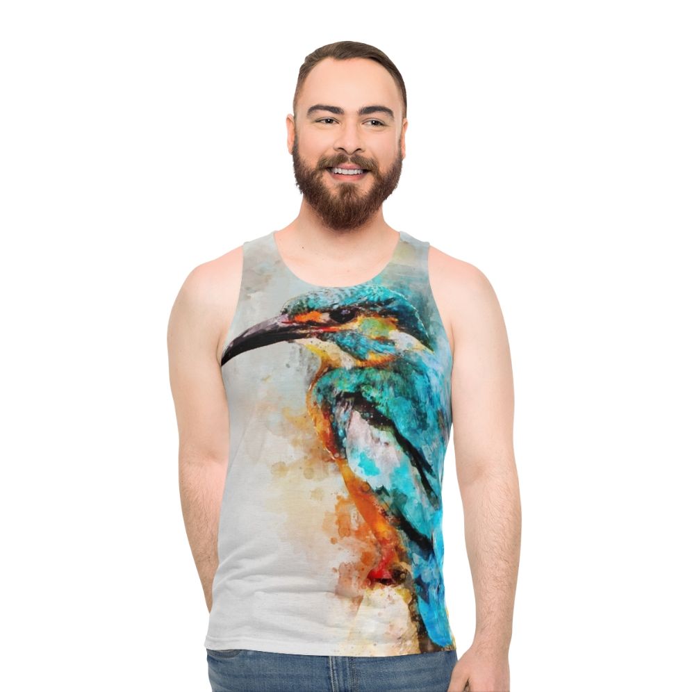 Unisex tank top with vibrant watercolor kingfisher design