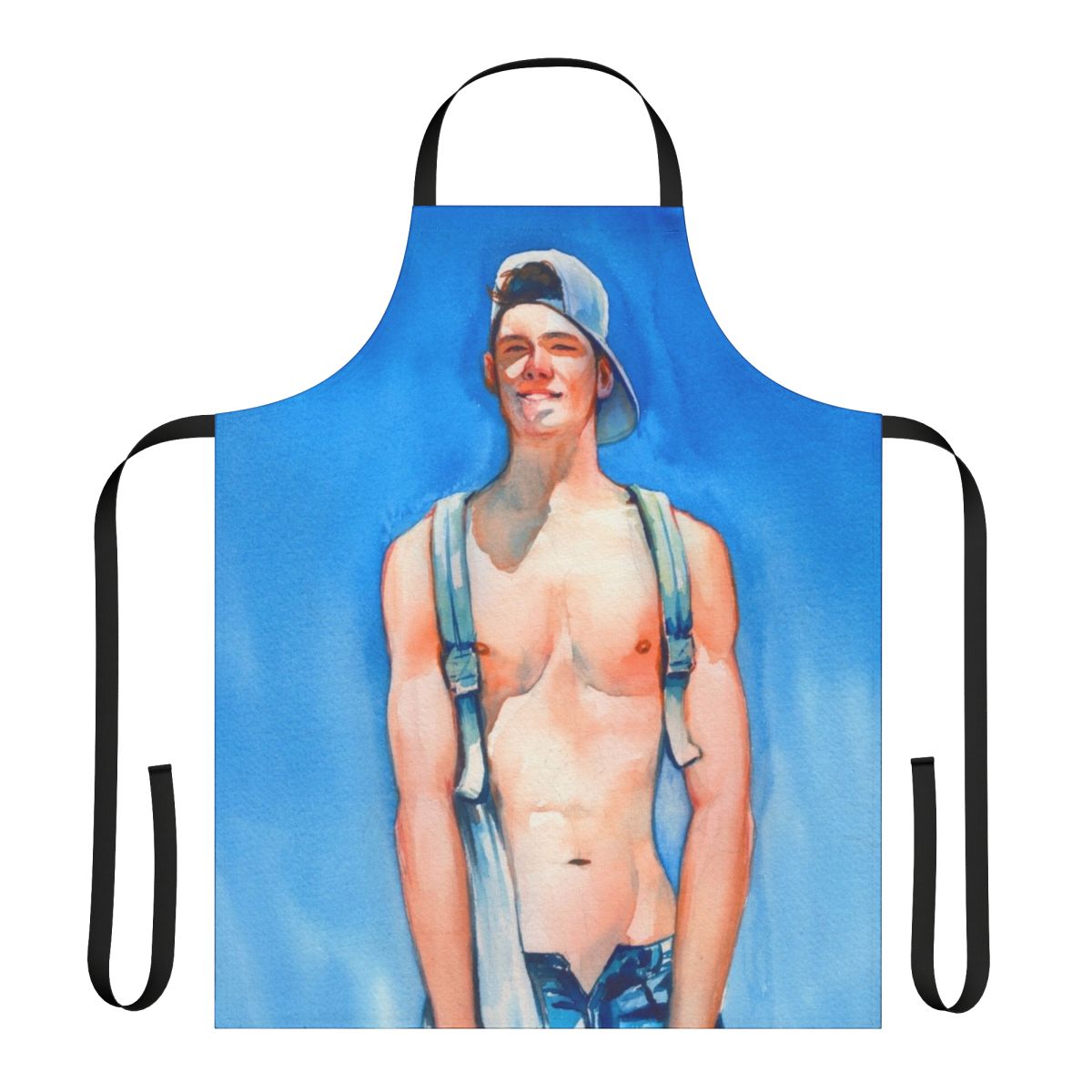 A vibrant watercolor painting apron featuring a summer-inspired design, perfect for gay and queer artists.