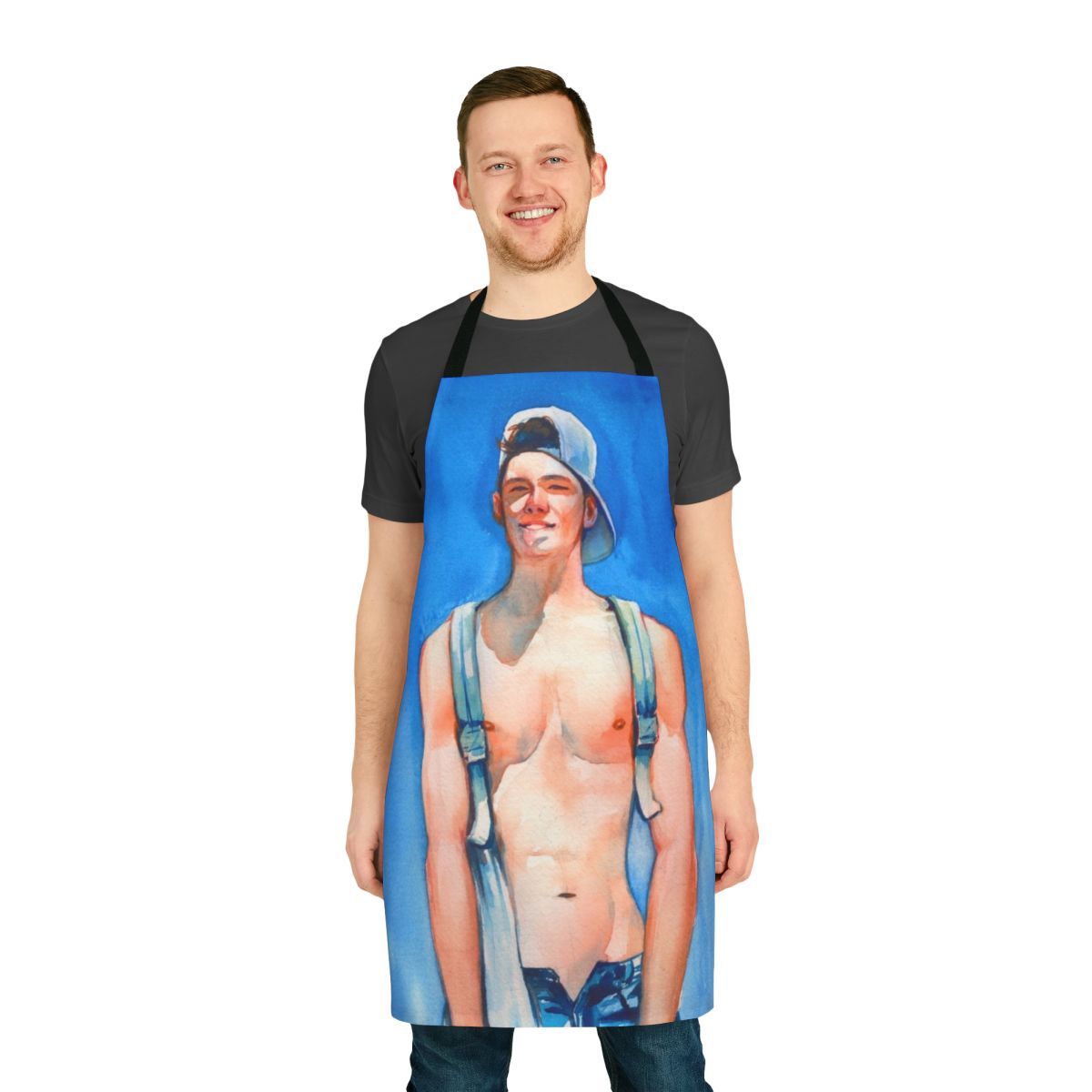 A vibrant watercolor painting apron featuring a summer-inspired design, perfect for gay and queer artists.