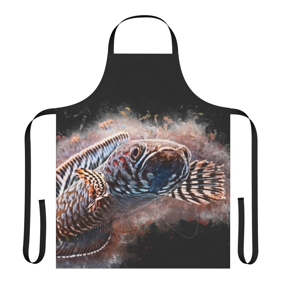 Watercolor illustration of a colorful rainbow snakehead fish (Channa bleheri) on an apron