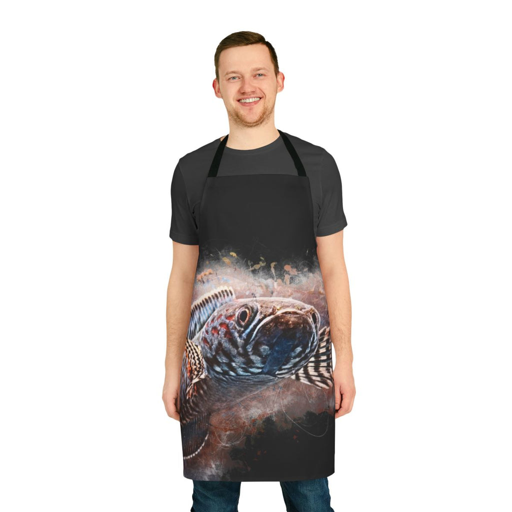 Watercolor illustration of a colorful rainbow snakehead fish (Channa bleheri) on an apron