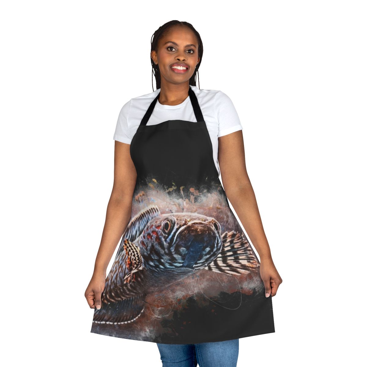 Watercolor illustration of a colorful rainbow snakehead fish (Channa bleheri) on an apron