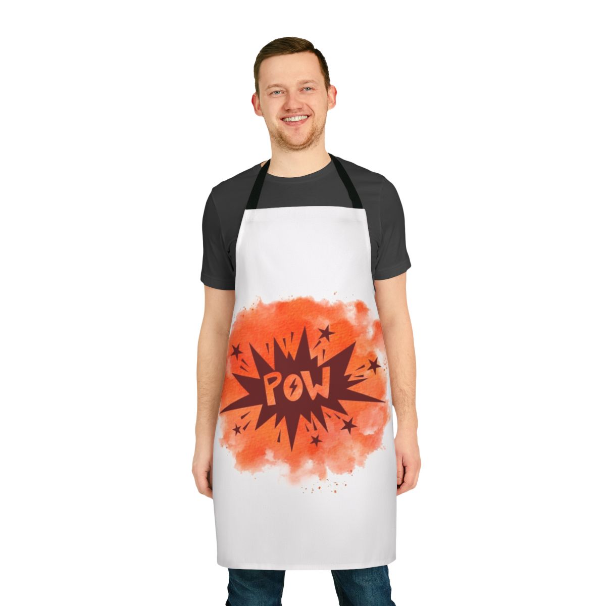 Colorful watercolor-style superhero design on an apron