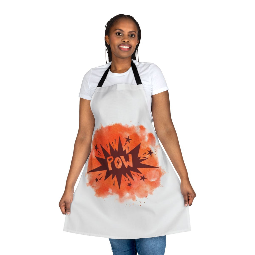 Colorful watercolor-style superhero design on an apron