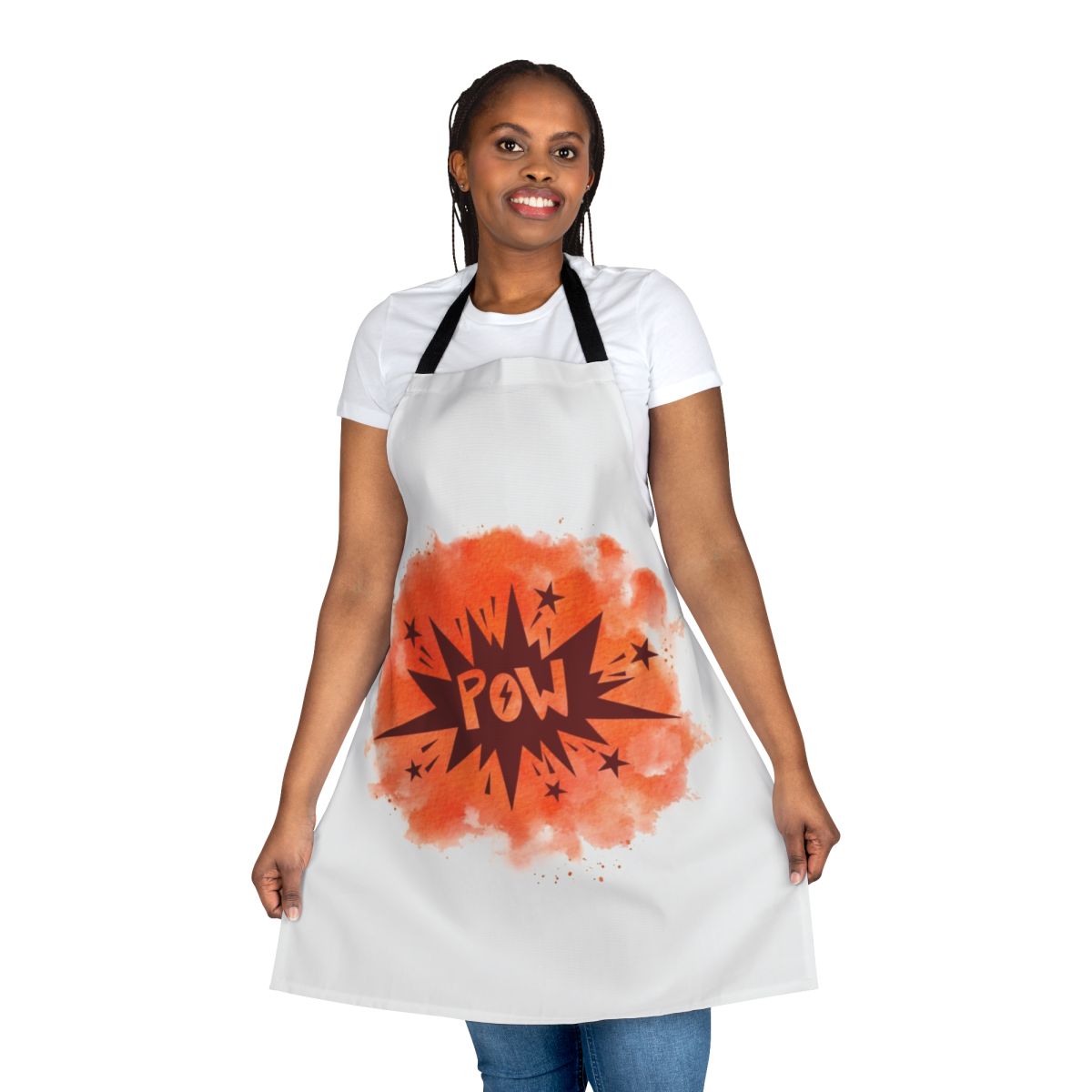 Colorful watercolor-style superhero design on an apron