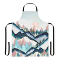 Colorful watercolor painting of a snowy winter forest landscape, featuring trees, mountains, and birds on a nature-inspired apron.