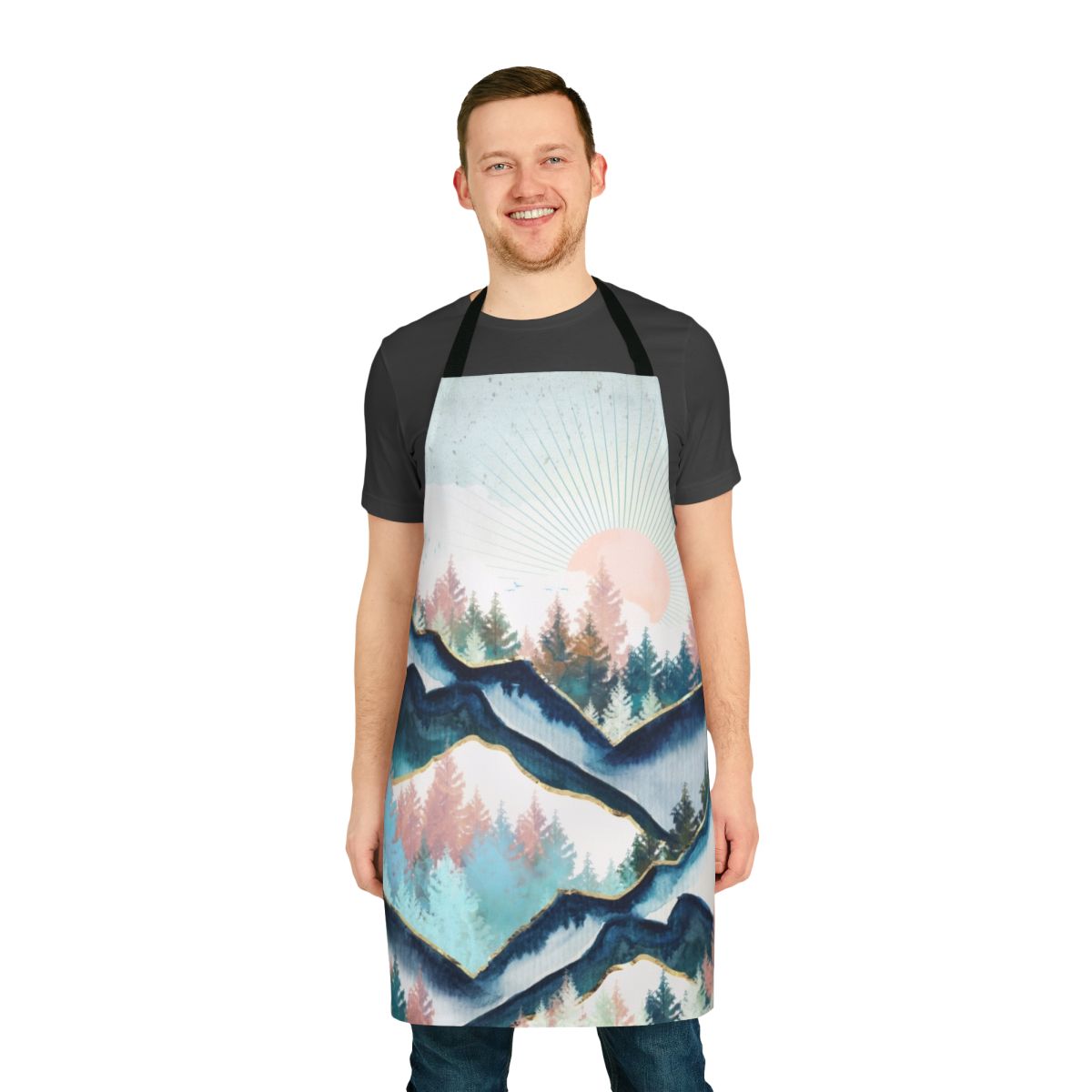 Colorful watercolor painting of a snowy winter forest landscape, featuring trees, mountains, and birds on a nature-inspired apron.