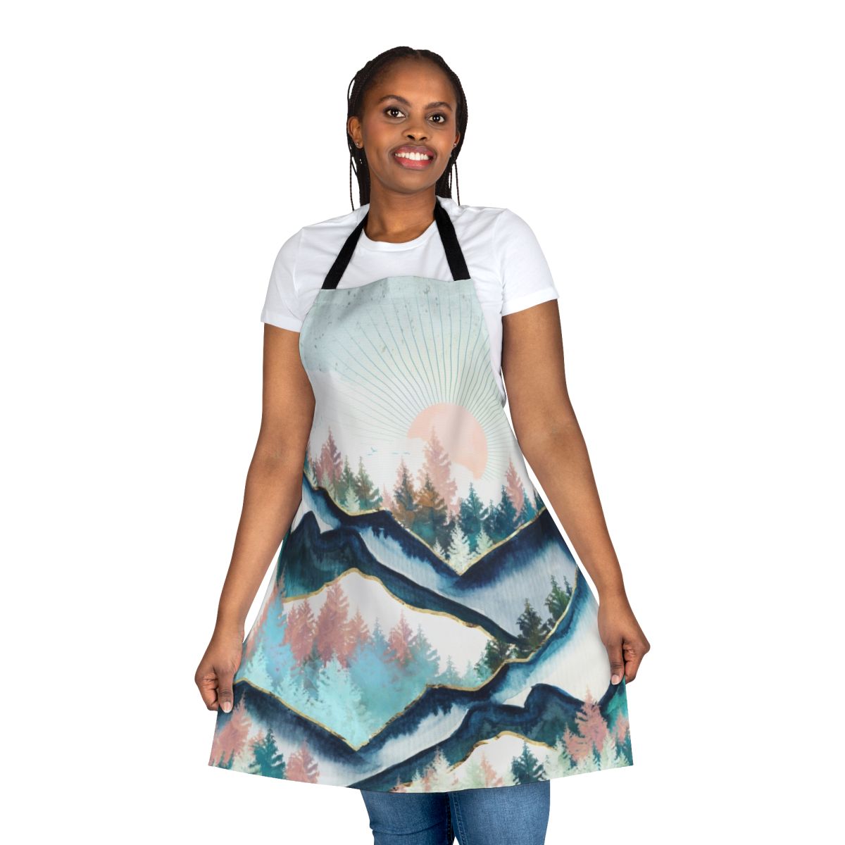 Colorful watercolor painting of a snowy winter forest landscape, featuring trees, mountains, and birds on a nature-inspired apron.