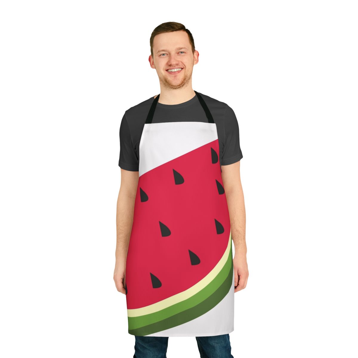 A stylish apron featuring a colorful watermelon graphic design.