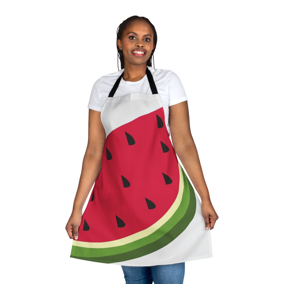 A stylish apron featuring a colorful watermelon graphic design.