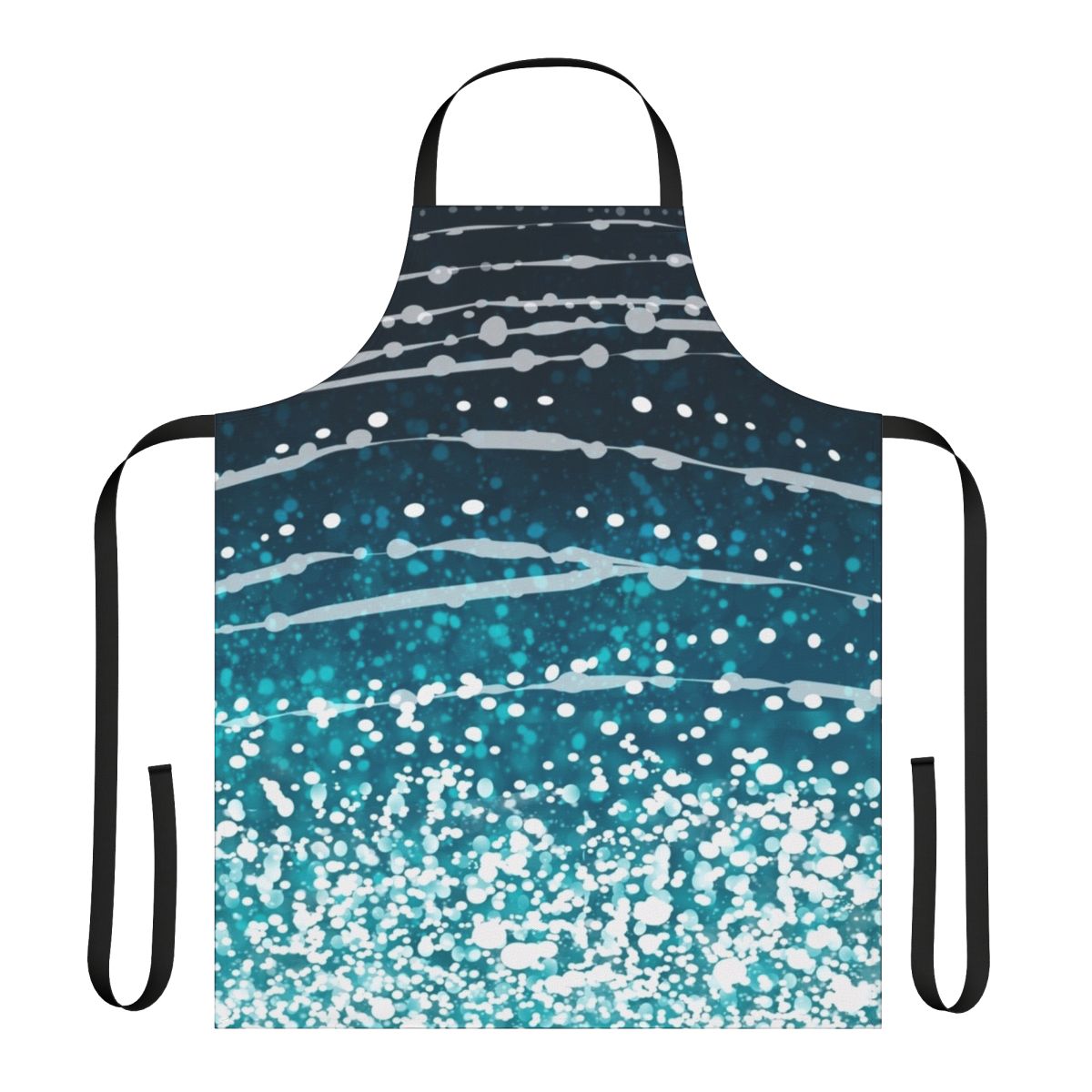 Photograph of an apron featuring a vibrant whale shark pattern in shades of blue, green, and white.