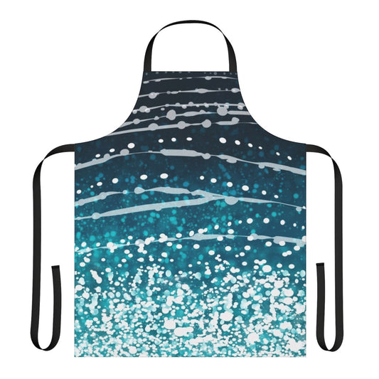 Photograph of an apron featuring a vibrant whale shark pattern in shades of blue, green, and white.