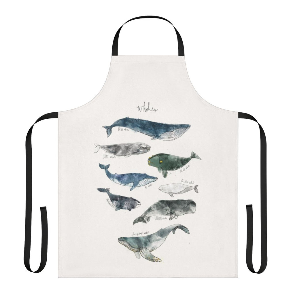 Whales Apron featuring a vibrant watercolor illustration of whales in their natural habitat.