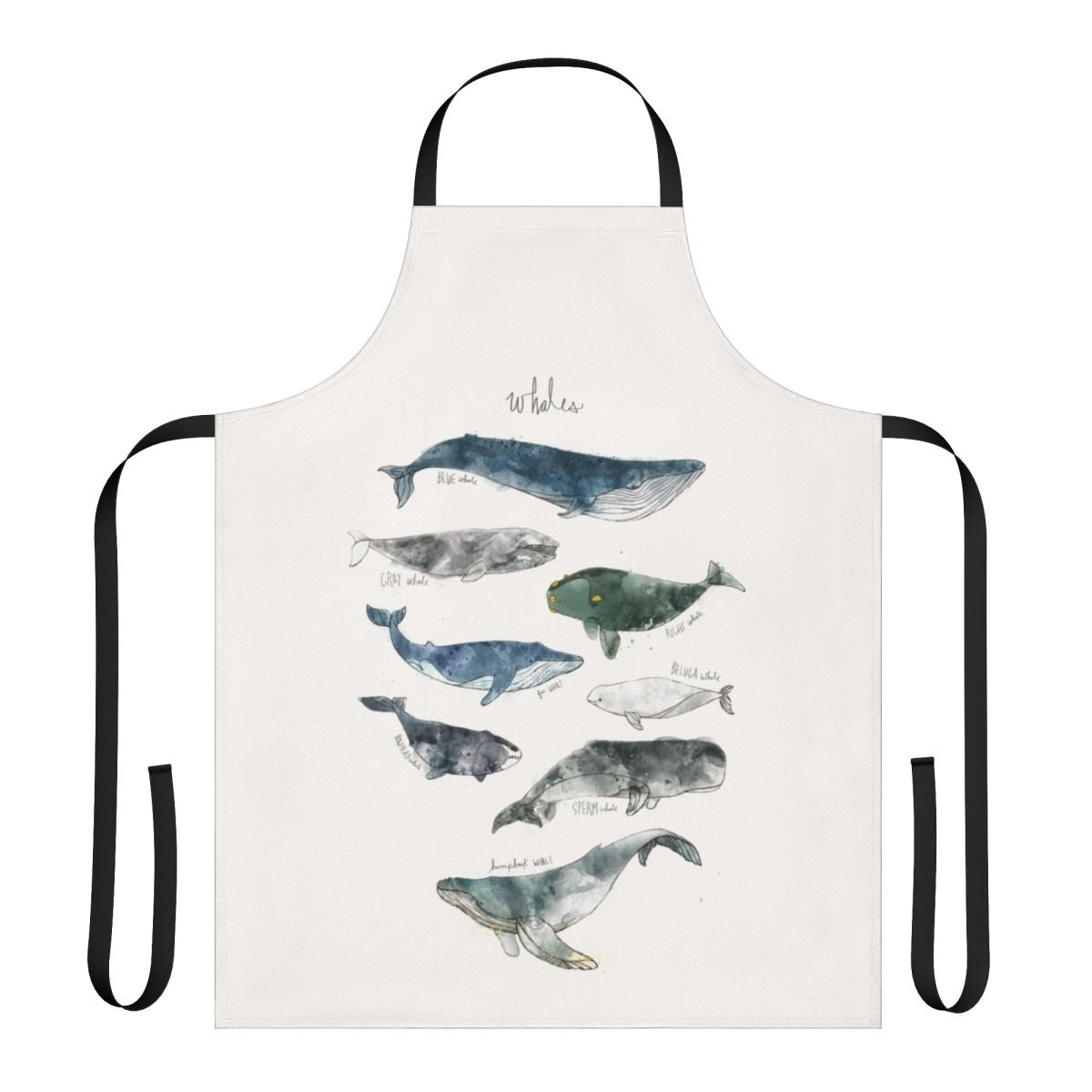 Whales Apron featuring a vibrant watercolor illustration of whales in their natural habitat.