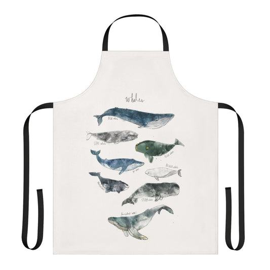 Whales Apron featuring a vibrant watercolor illustration of whales in their natural habitat.
