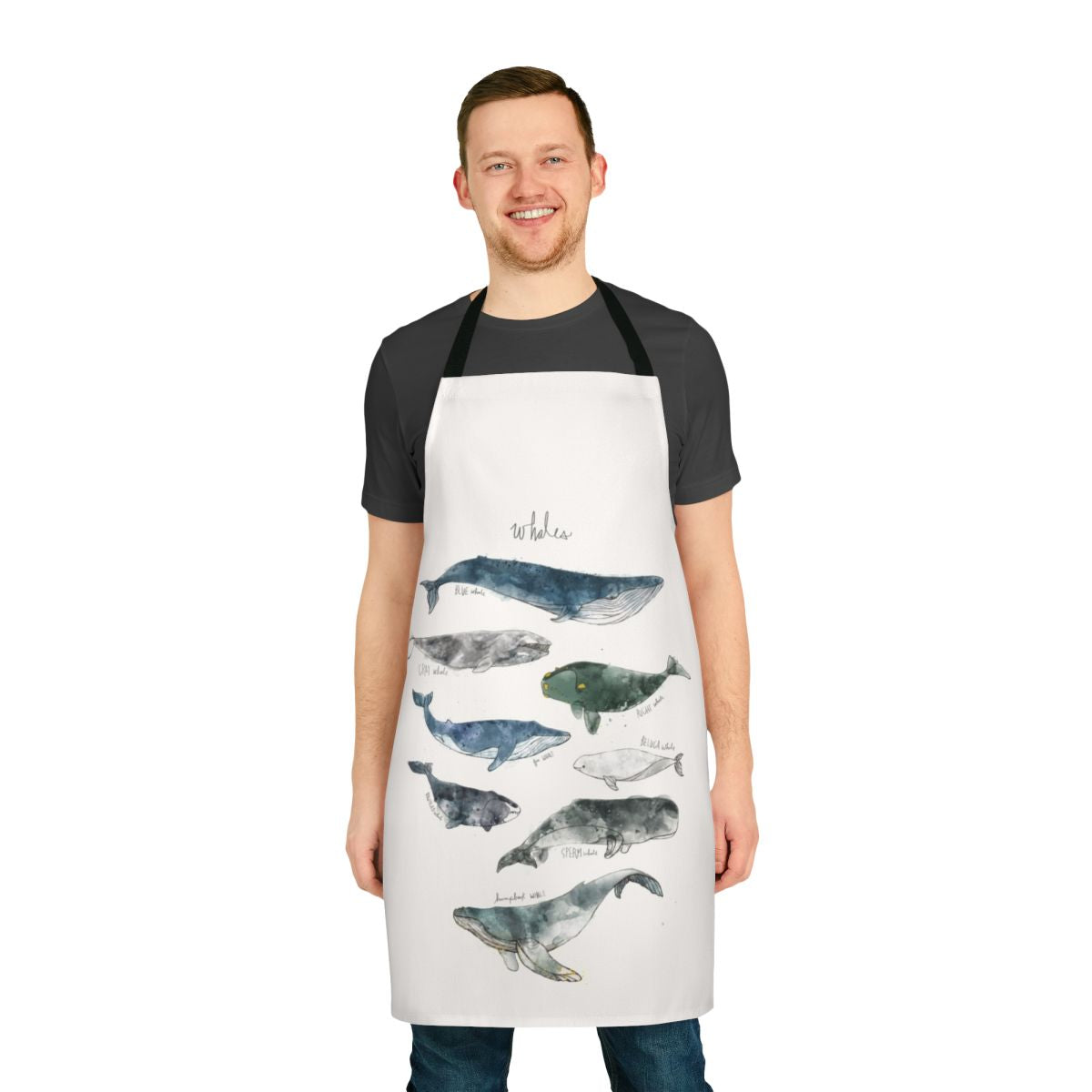 Whales Apron featuring a vibrant watercolor illustration of whales in their natural habitat.