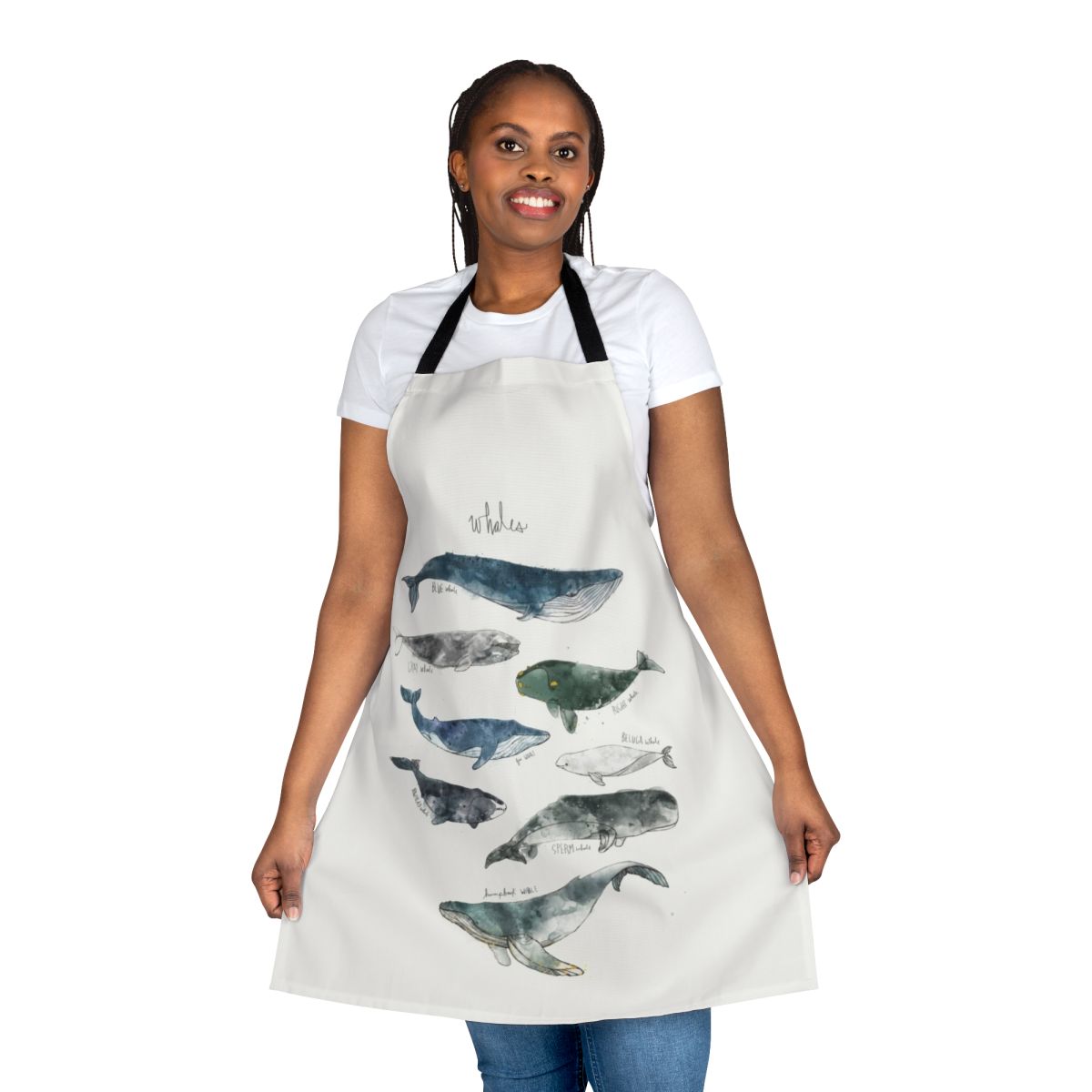 Whales Apron featuring a vibrant watercolor illustration of whales in their natural habitat.