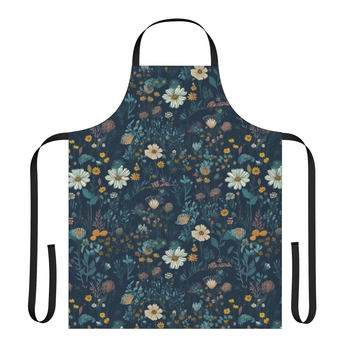 A close-up photograph of a colorful apron featuring a vibrant wildflowers pattern.