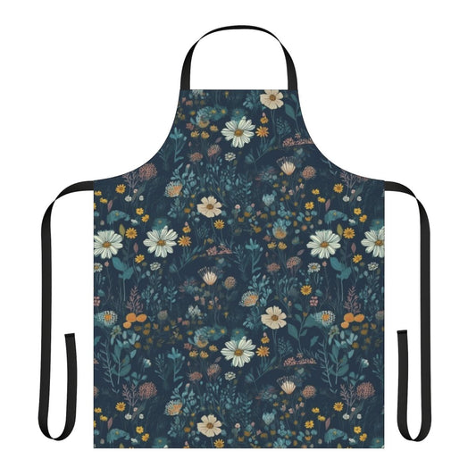 A close-up photograph of a colorful apron featuring a vibrant wildflowers pattern.