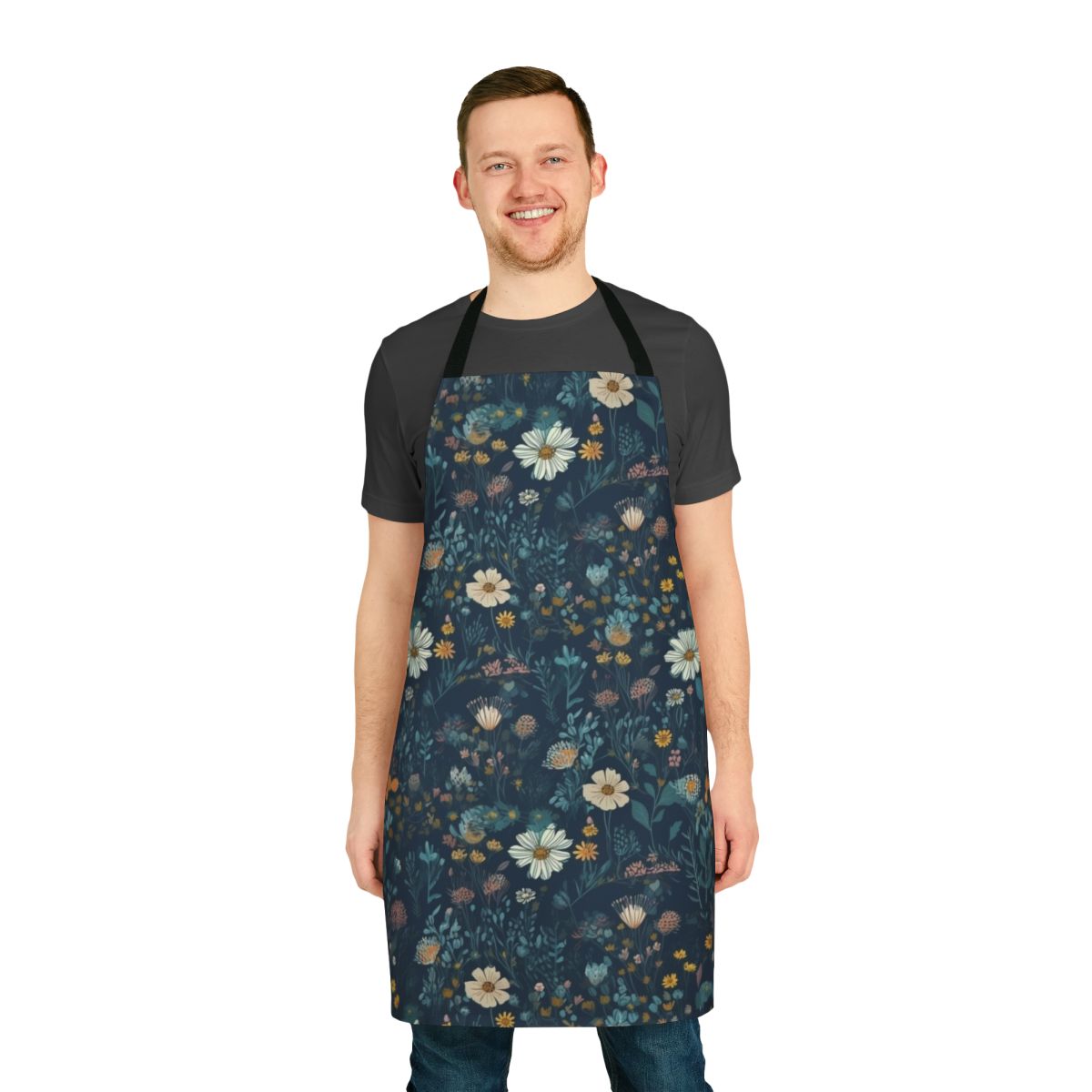 A close-up photograph of a colorful apron featuring a vibrant wildflowers pattern.