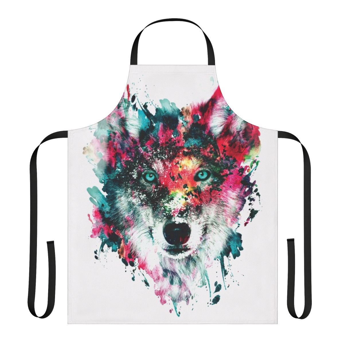 Colorful abstract wolf face artwork in shades of blue, red, and yellow