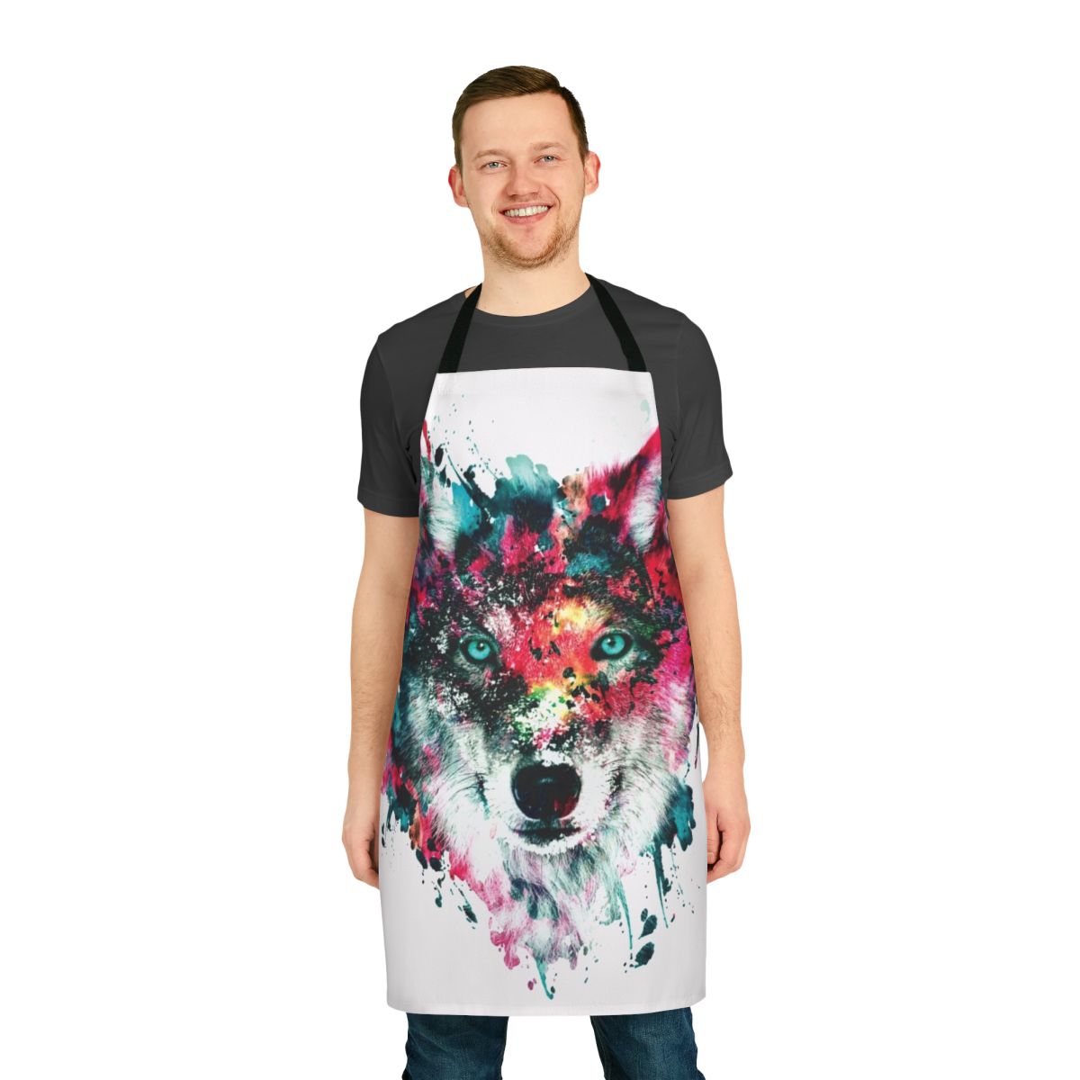 Colorful abstract wolf face artwork in shades of blue, red, and yellow
