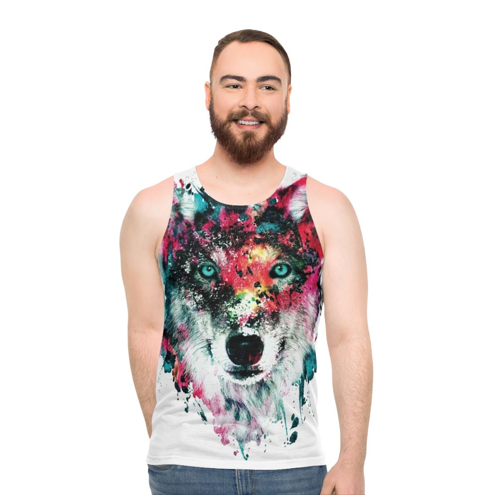 Vibrant wolf tank top with abstract watercolor art