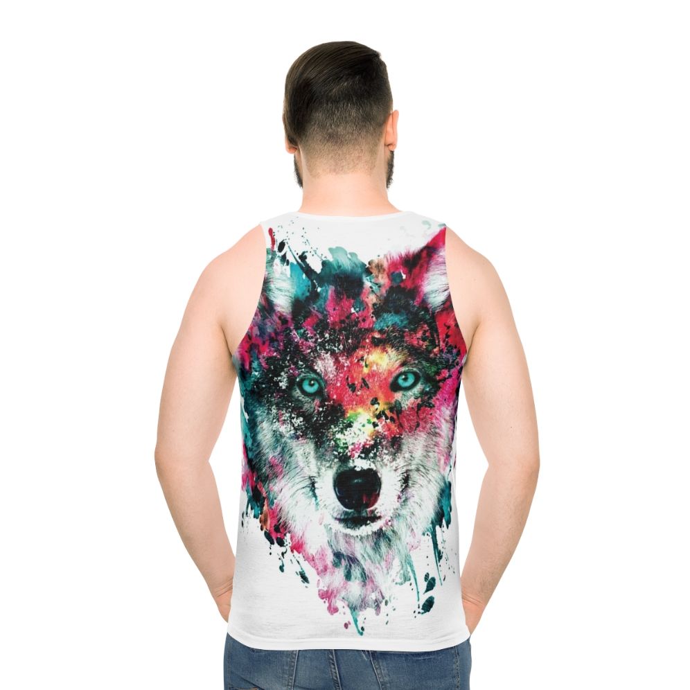 Vibrant wolf tank top with abstract watercolor art