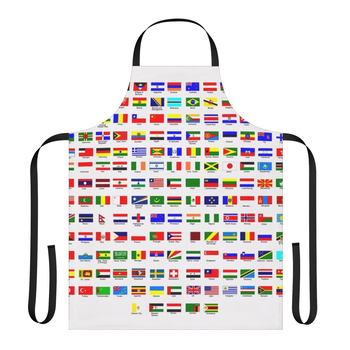 Colorful apron featuring flags of the world for cooking or baking