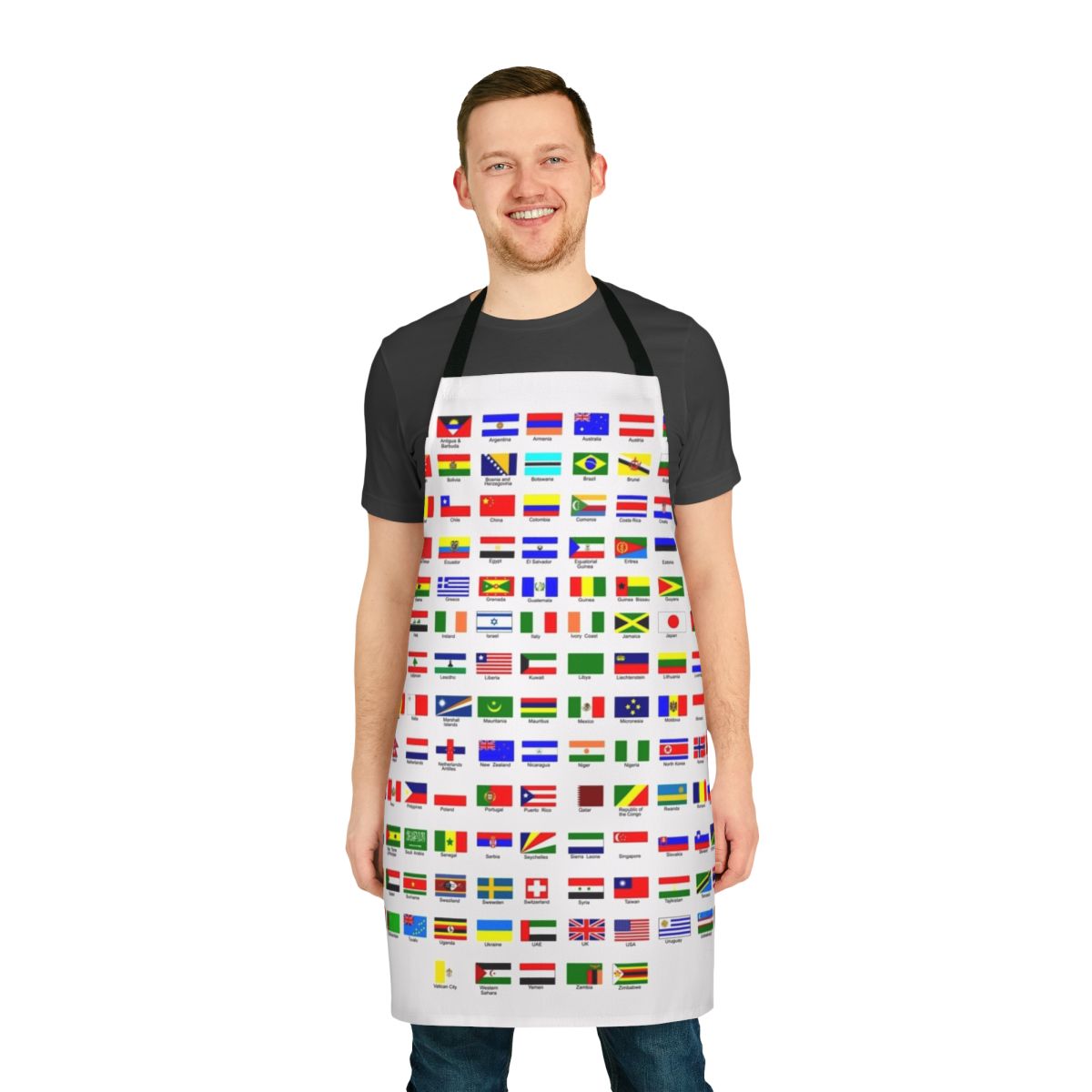 Colorful apron featuring flags of the world for cooking or baking