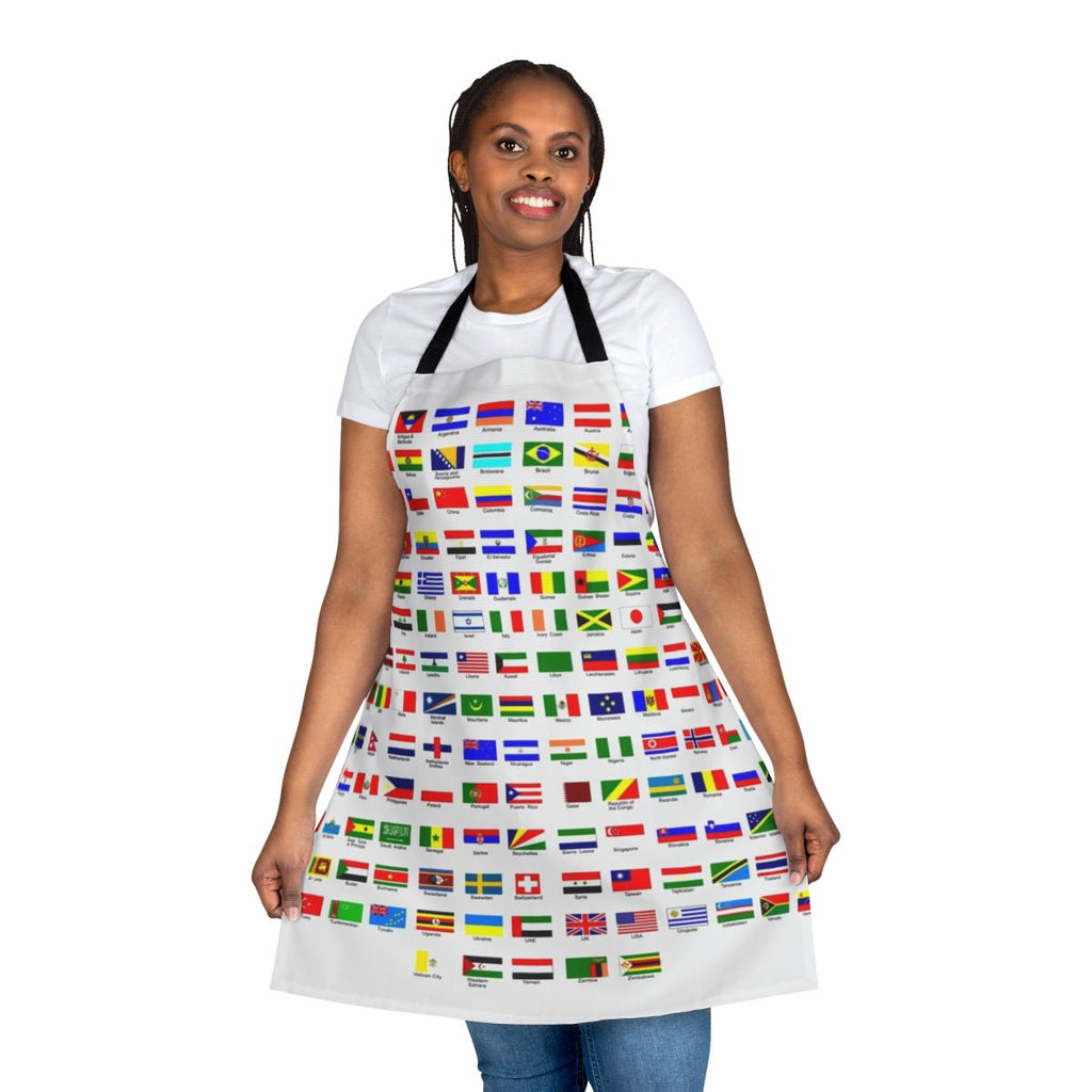 Colorful apron featuring flags of the world for cooking or baking