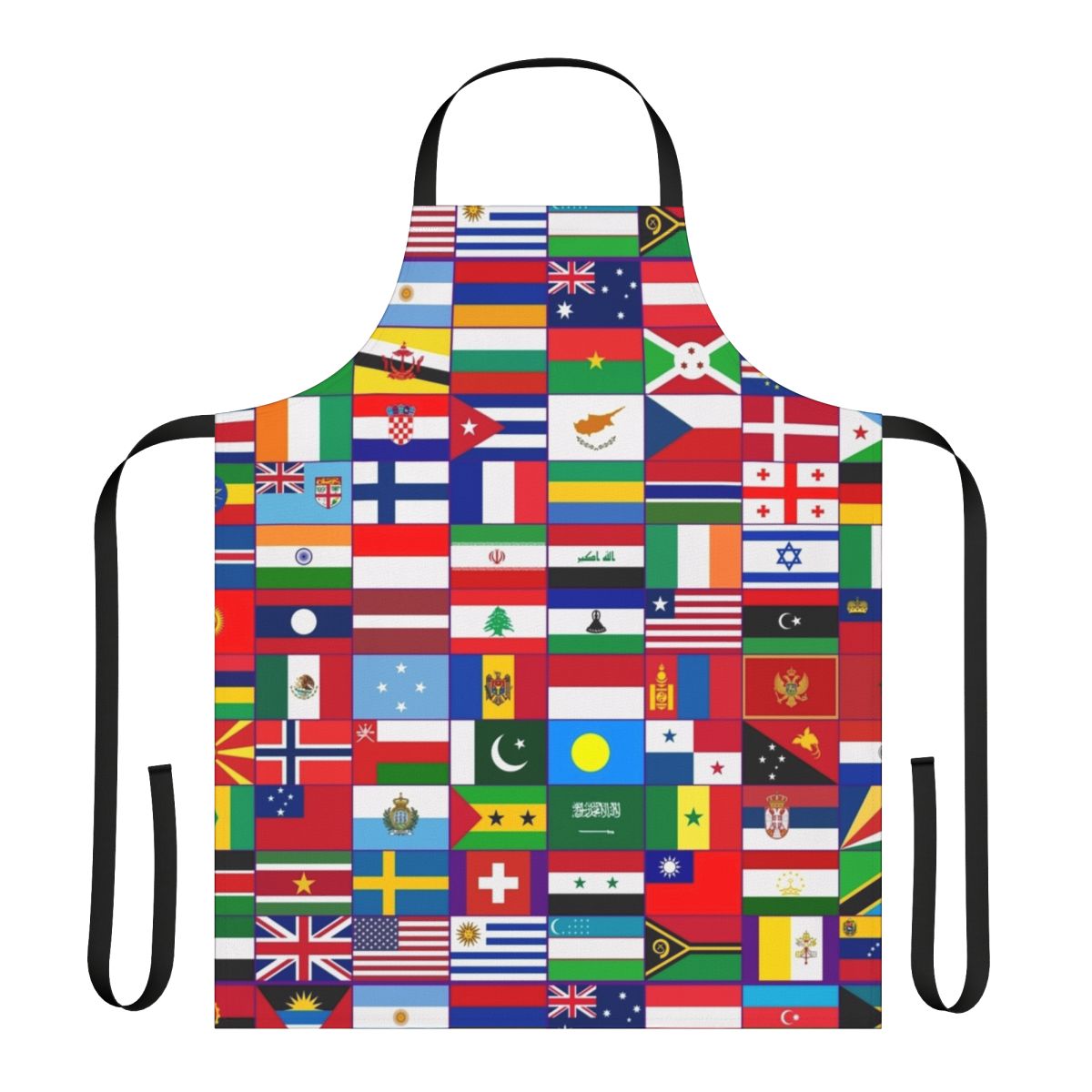 Colorful apron displaying flags from countries around the world