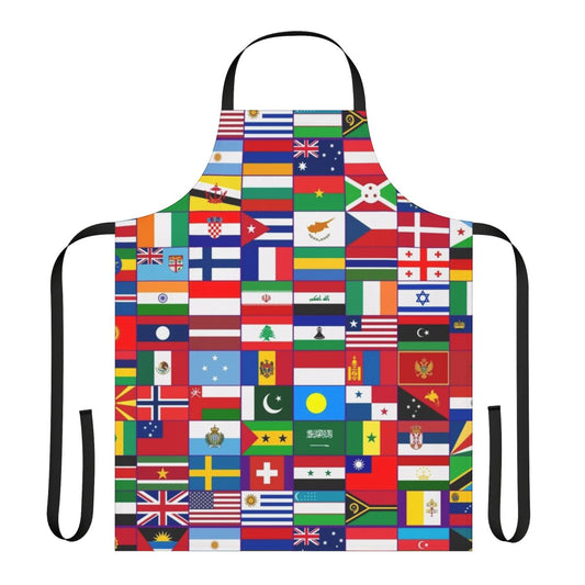 Colorful apron displaying flags from countries around the world