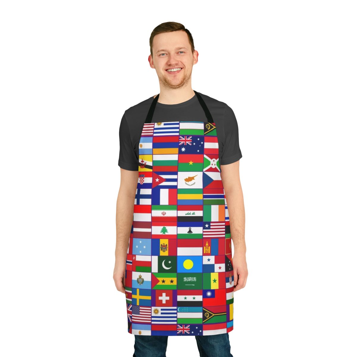 Colorful apron displaying flags from countries around the world