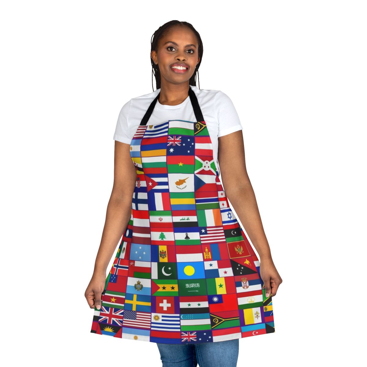 Colorful apron displaying flags from countries around the world
