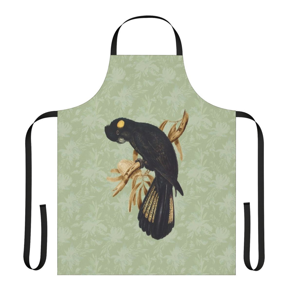 Stylish apron featuring a vintage-inspired illustration of a yellow tailed black cockatoo, an iconic Australian native bird