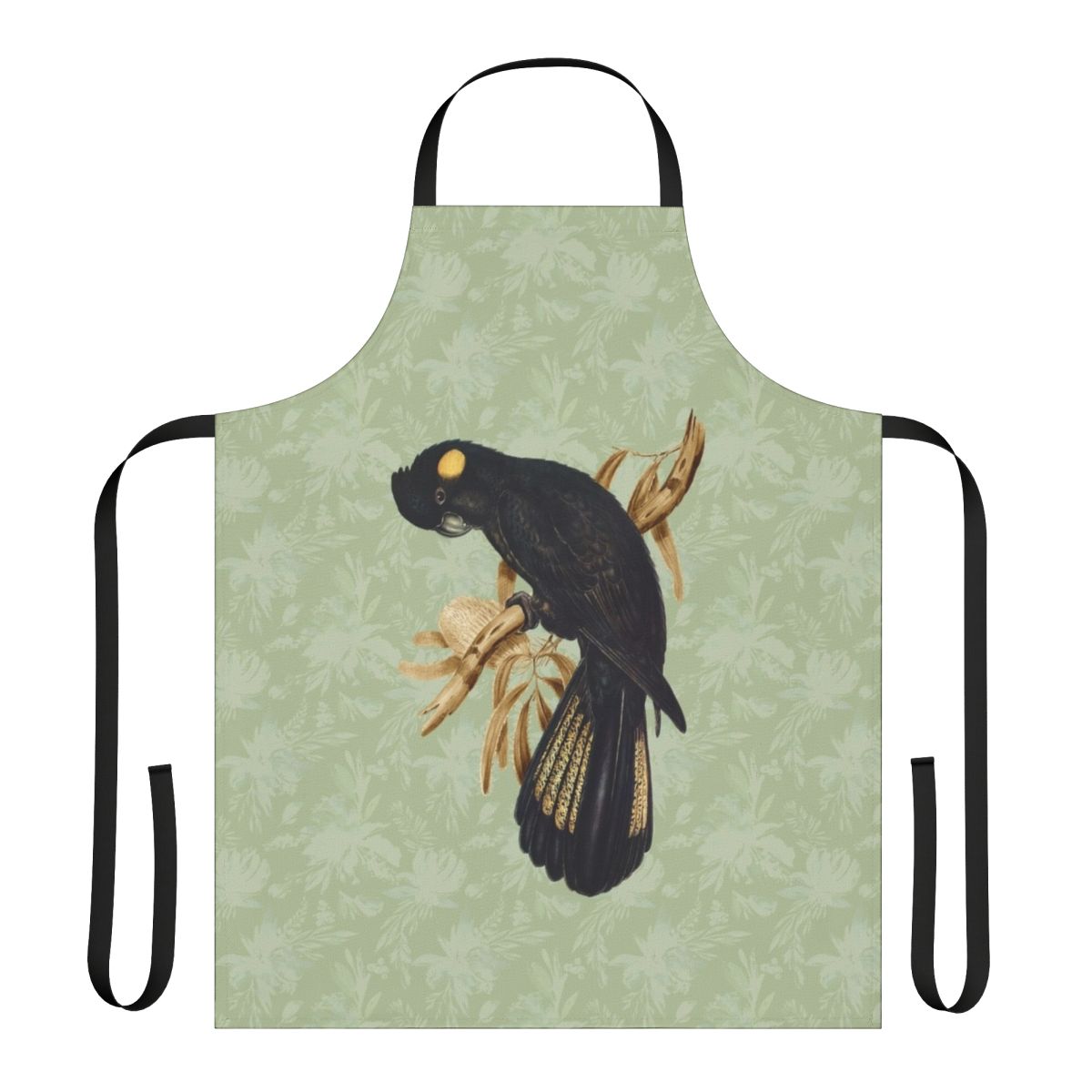Stylish apron featuring a vintage-inspired illustration of a yellow tailed black cockatoo, an iconic Australian native bird
