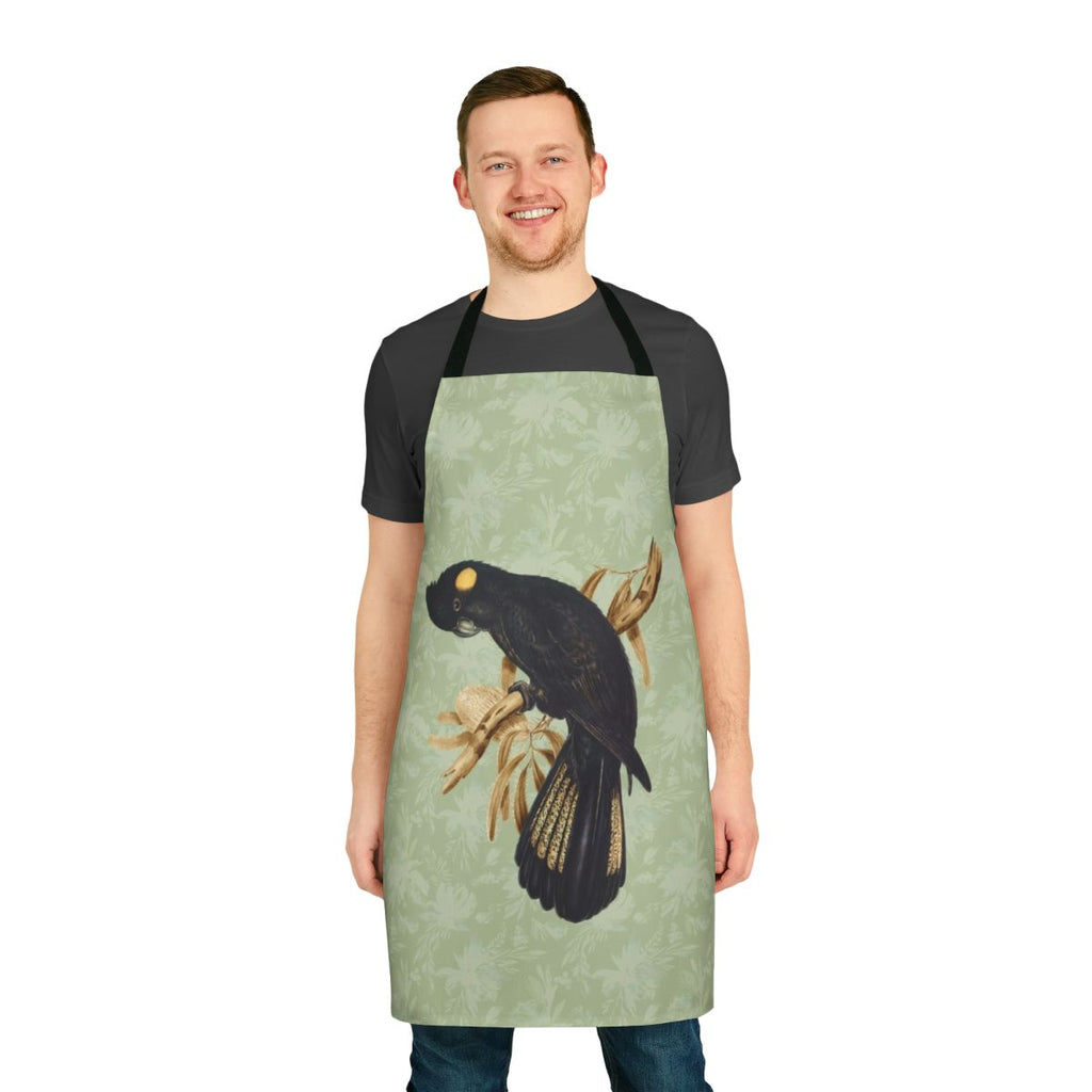 Stylish apron featuring a vintage-inspired illustration of a yellow tailed black cockatoo, an iconic Australian native bird