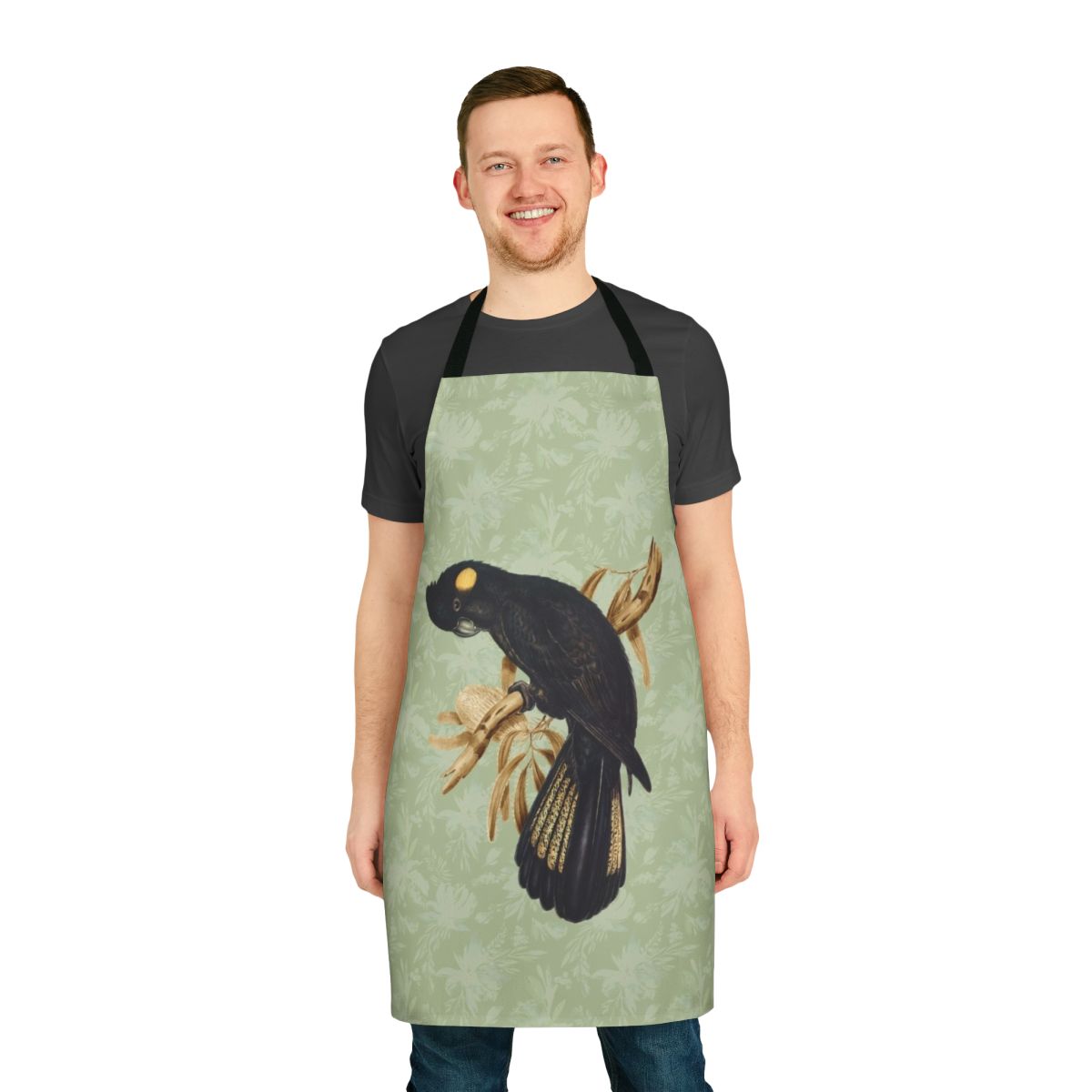 Stylish apron featuring a vintage-inspired illustration of a yellow tailed black cockatoo, an iconic Australian native bird