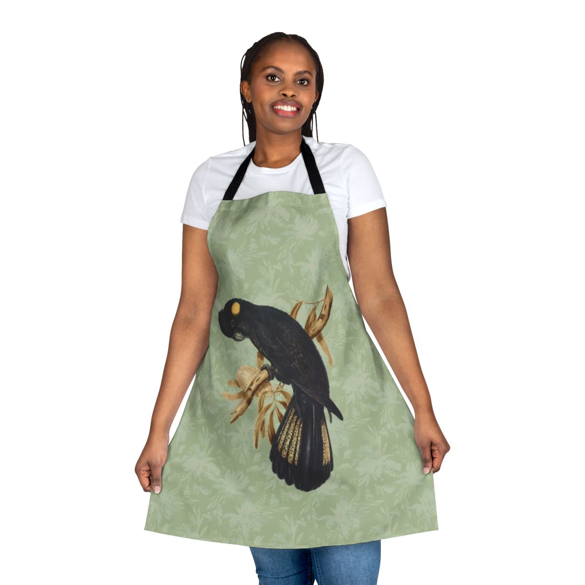 Stylish apron featuring a vintage-inspired illustration of a yellow tailed black cockatoo, an iconic Australian native bird