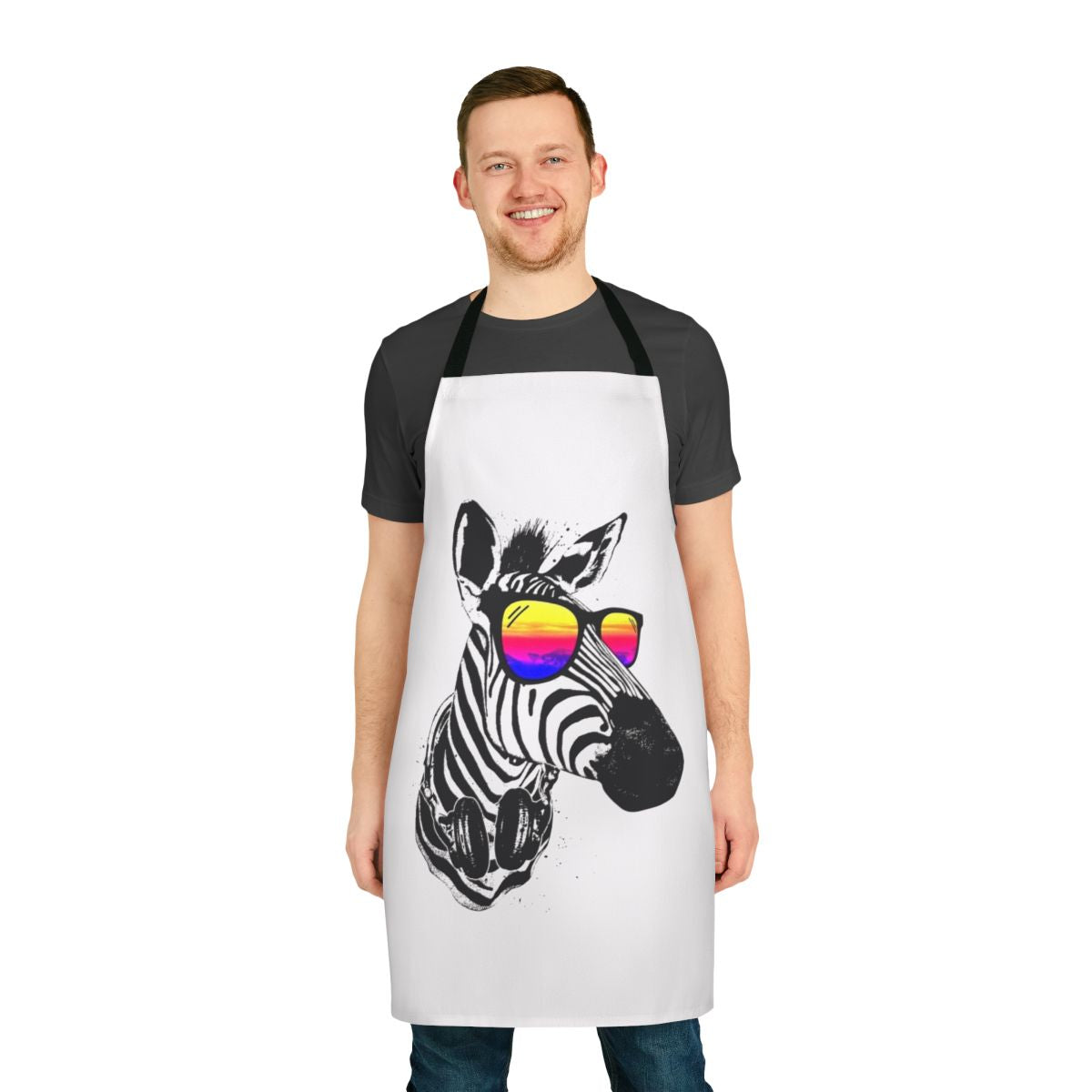 Colorful zebra-patterned apron with fun, playful design
