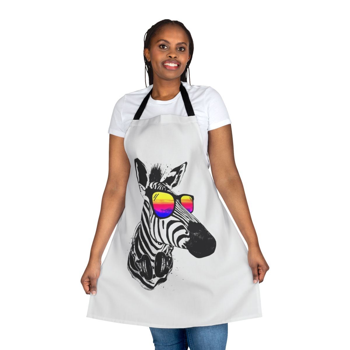 Colorful zebra-patterned apron with fun, playful design