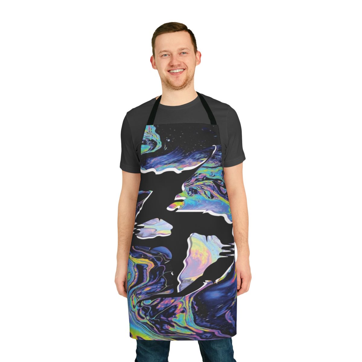 Colorful apron with Zeds Dead-inspired trippy design for electronic music fans