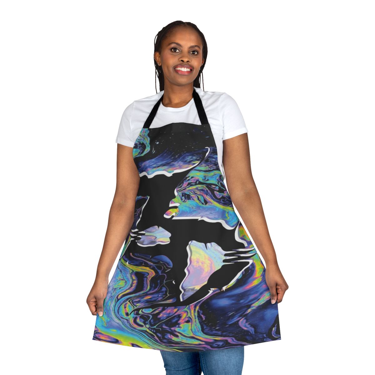 Colorful apron with Zeds Dead-inspired trippy design for electronic music fans